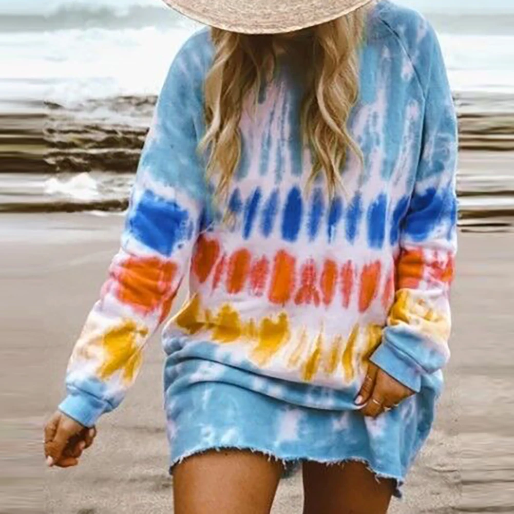 

Casual Women Long Sleeve O Neck Rainbow Tie Dye Loose Mini Sweatshirt Dress
