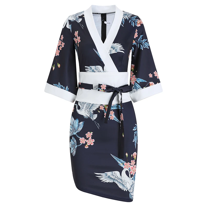 

Japanese Tight-fitting buttocks Kimono Dress 2021 Summer New Women Streetwear Belt Floral Print V-Neck Vintage Style Obi Dress