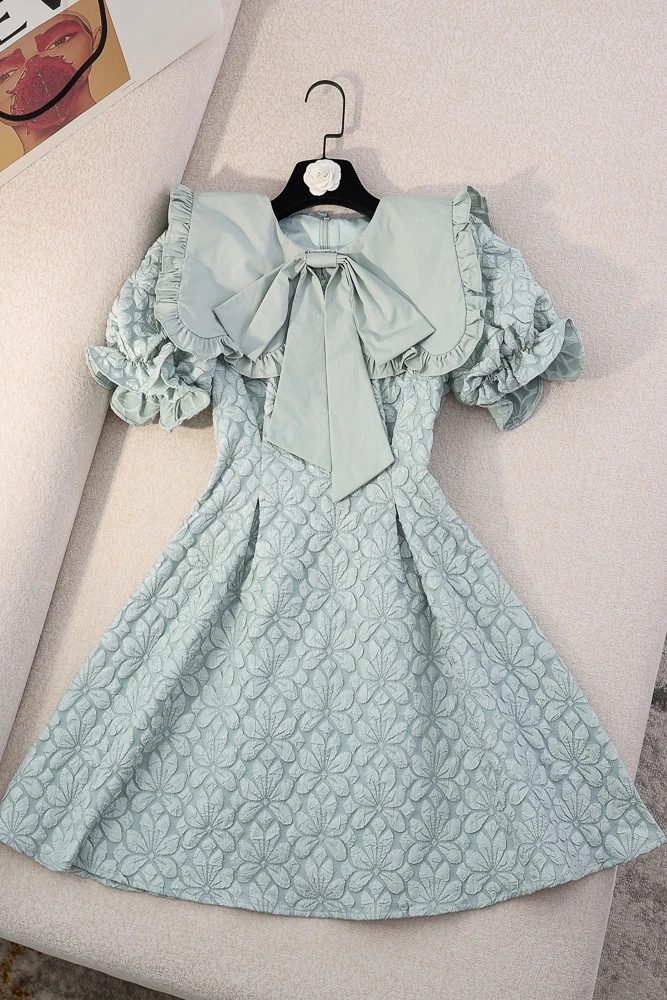 

2021 Summer Flared Short Sleeve Doll Collar Tied Bow Dress Women High Waist Flower Princess Pettiskirt Dress Party Mini Vestidos