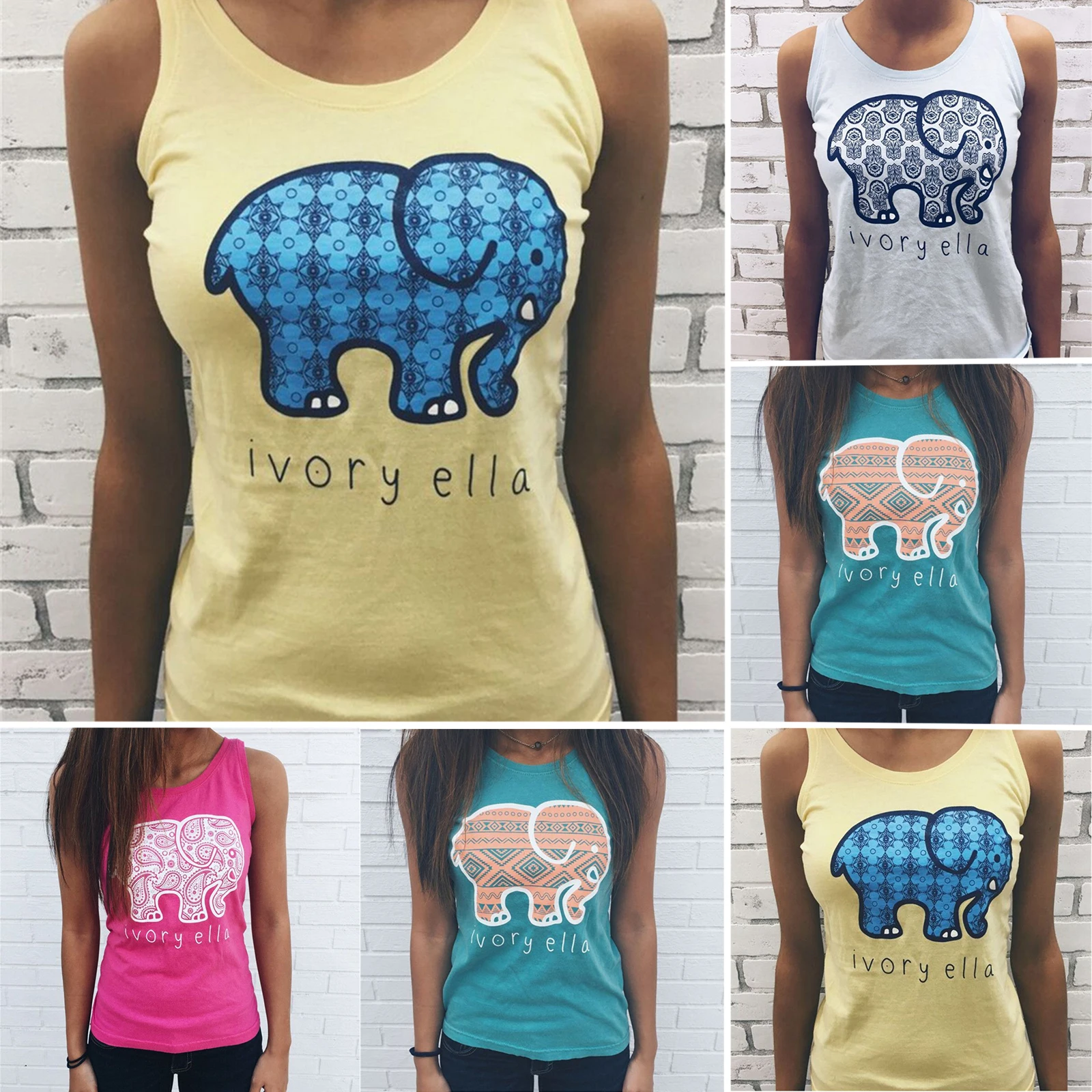 

VICABO Blue Elephant Cartoon Printed Tank Women Vintage Tops Casual All Match Vest Sleeveless Ropa Para Mujer