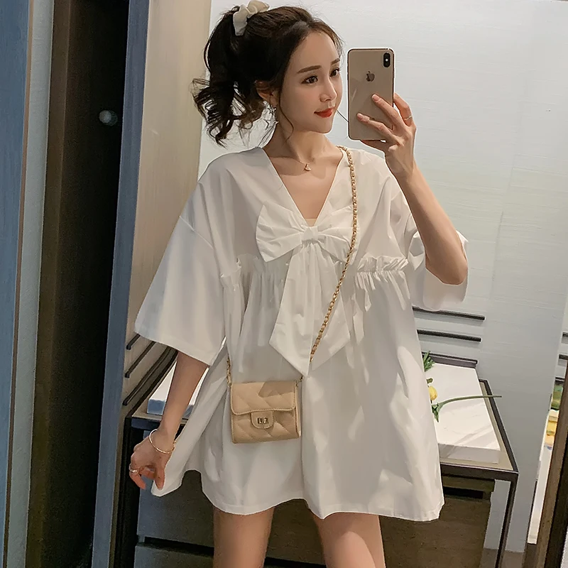 

8858# Summer Casual Cotton Maternity Blouse V Neck Cartoon Large Size Loose Tunic Clothes for Pregnant Women Pregnancy Tees Tops