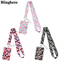 cb842 beautiful pink cherry blossom lanyards id badge card holder keychain cell phone strap gift ribbon necklace decoration