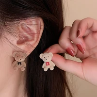 2022 korean style cute flocking plush bow bears earrings for women girls fashion small stud earrings unusual kawaii jewelry gift