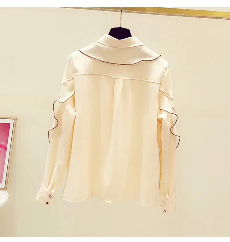 

2021 Spring New Fashionable Plain Tops Stringy Selvedge Wave Long Sleeve Shirt Women's Casual Blouse Versatile Lotus Leaf Shirt