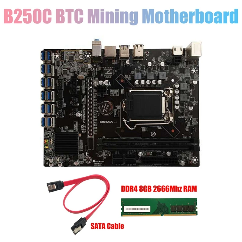 

Материнская плата B250C для майнинга BTC + DDR4 8 Гб 2666 МГц ОЗУ + кабель SATA 12xpcie на USB3.0 слот GPU LGA1151 материнская плата для компьютера