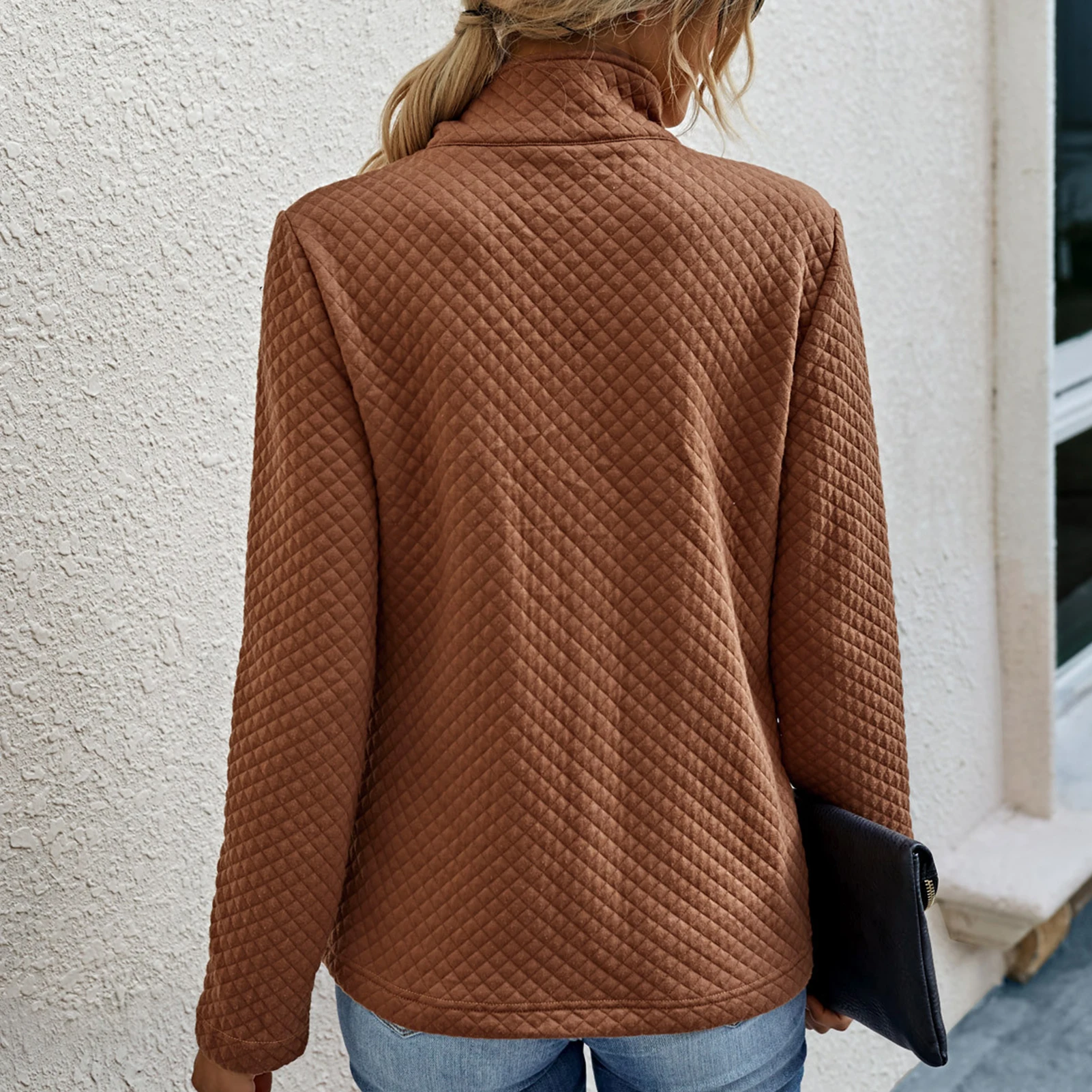 

Women Long Sleeve Turn Down Collar Buttons Pullover Sweatshirt Waffle Blouse