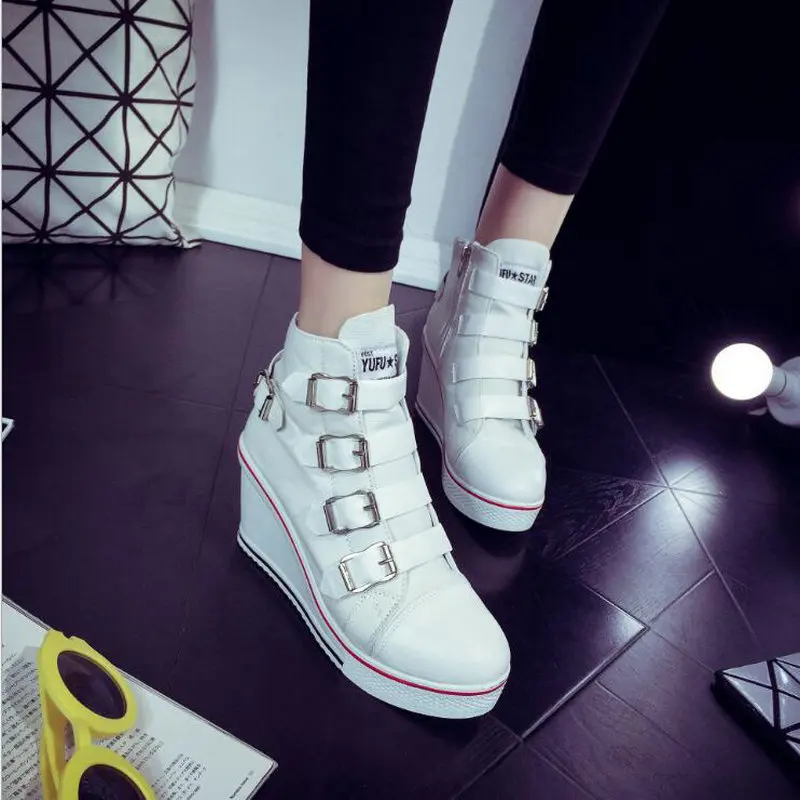 

fashion Girl height increasing Vulcanized shoes Black woman buckle Canvas high heels wedges platform casual sneaker shoes NN-85
