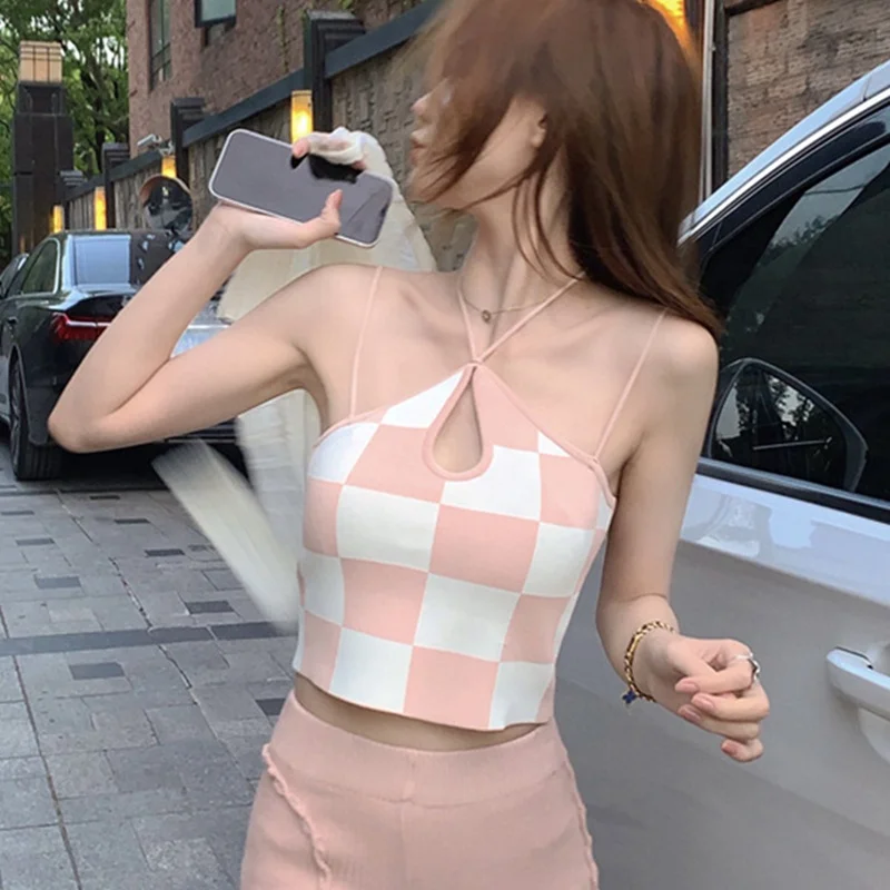 

Women's Tube Top Halter Femme Camis Streetwear Plaid Cami Vintage Knitting Vest Tanks Tops Camisole Slim Sexy Bra Sweet T Shirt
