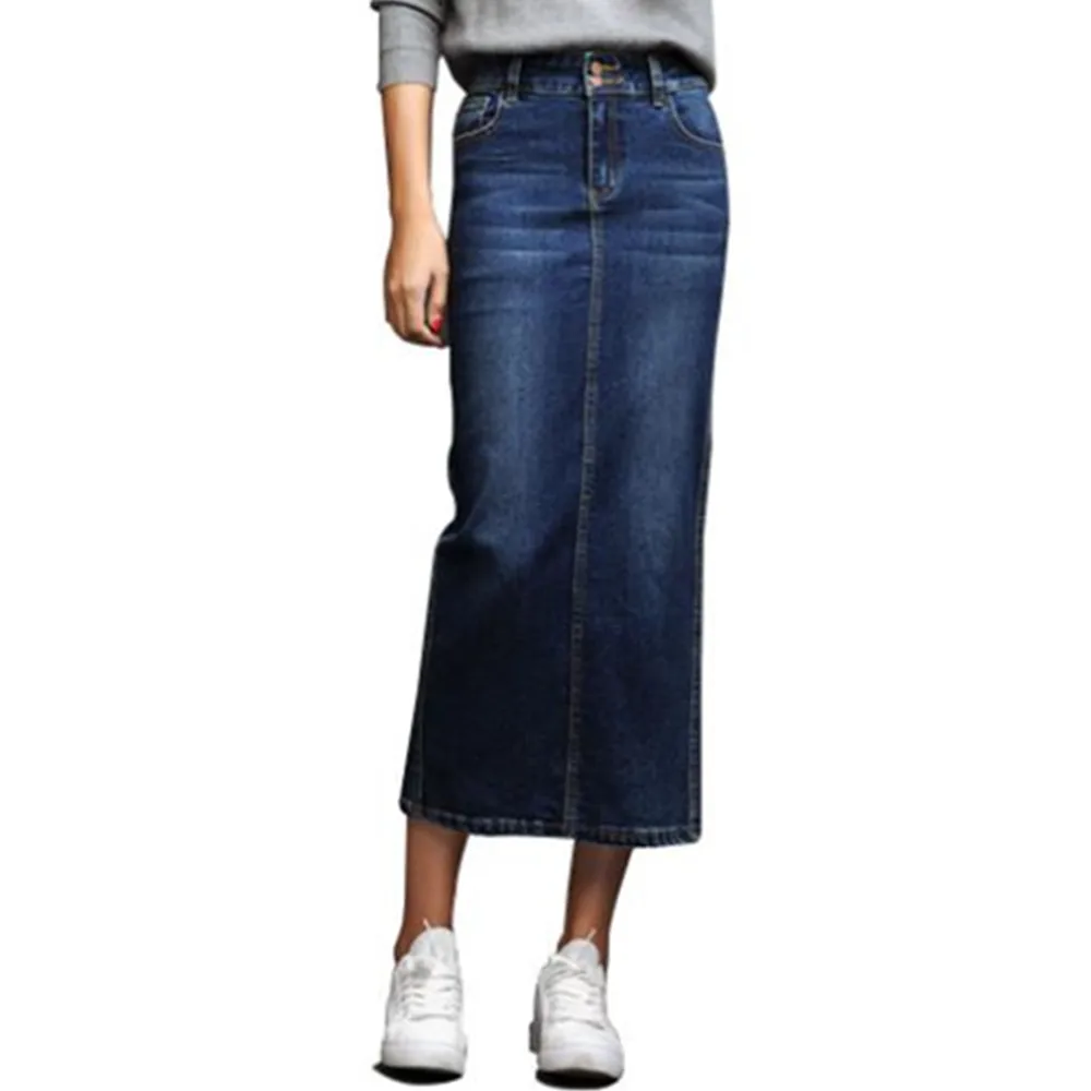 

Юбка Женская Длинная с завышенной талией, модная сумочка в Корейском стиле, длинная облегающая юбка-макси из денима с разрезом сзади, синяя