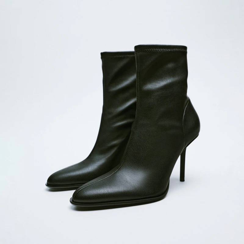 

Женские ботинки на шпильке, офисные однотонные ботильоны с острым носком и шитьем, эластичные ботинки на высоком тонком каблуке, осень 2021