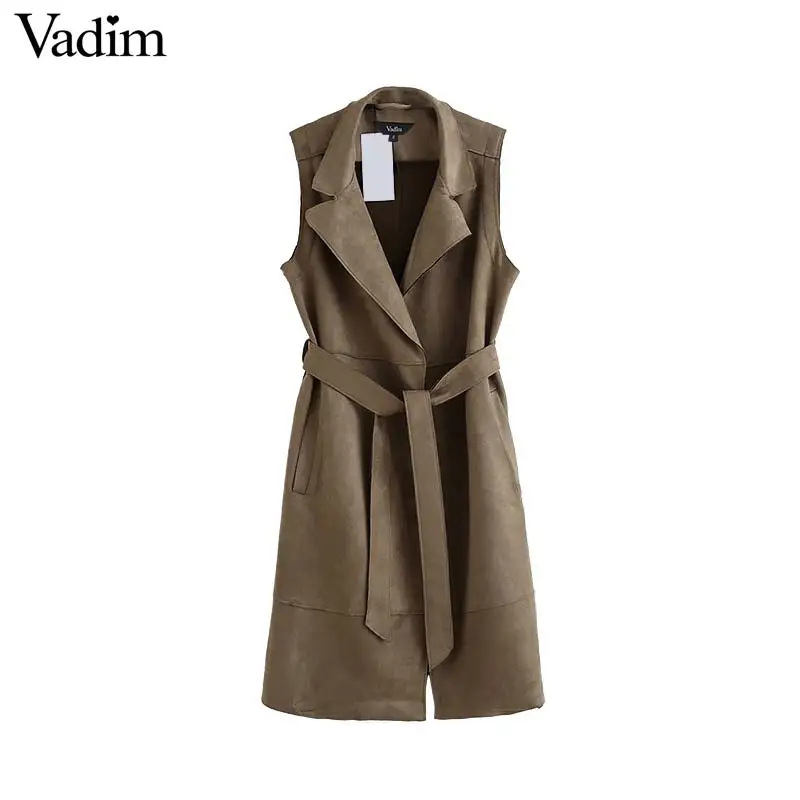 Vadim женский шикарный замшевый длинный жилет ремень с бантом Зубчатый воротник