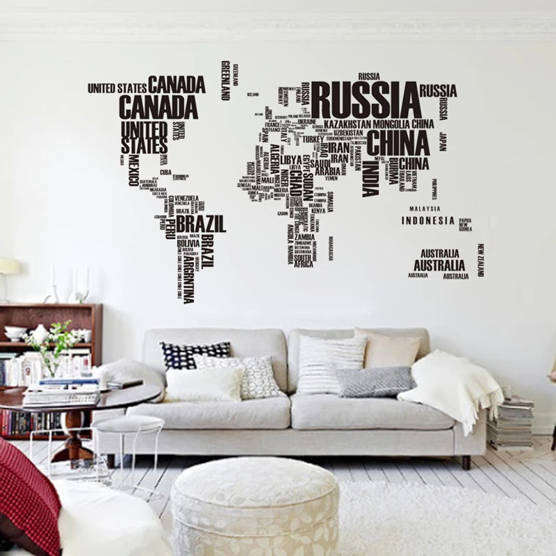 

Home Decoration Wall Stickers Creative English Letters Black World Map Living Room Bedroom Pvc Wall Background Painting 2020