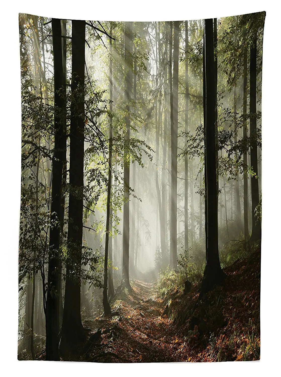 Фермерский дом Декоративная скатерть Темный лес дорога окруженный туман солнце