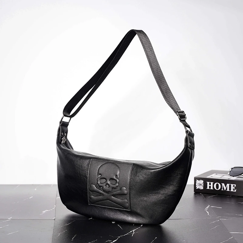 Mihaivina Chest Bag For Men Skull Black Leather Belt Bag Unisex Shoulder Messenger Bags Trendy Women Travel Phone Crossbody Bags