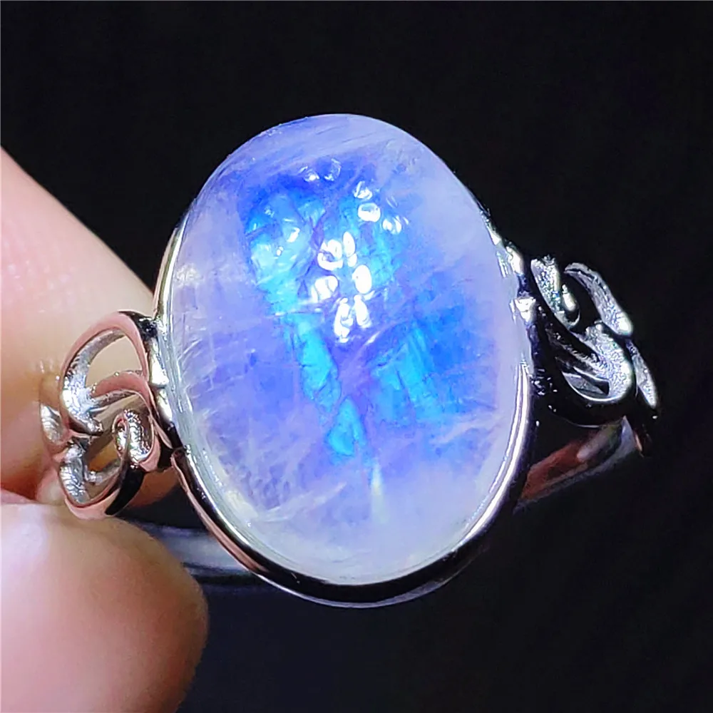 

Natural Moonstone Blue Light Ring Adjustable Size Oval Woman Crystal Oval 925 Sterling Silver Moonstone Ring AAAAA