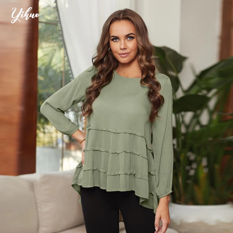 

YIKUO Spinning Shirt Female European And American New Pure-Colored Hub Round Collar Clothes Women