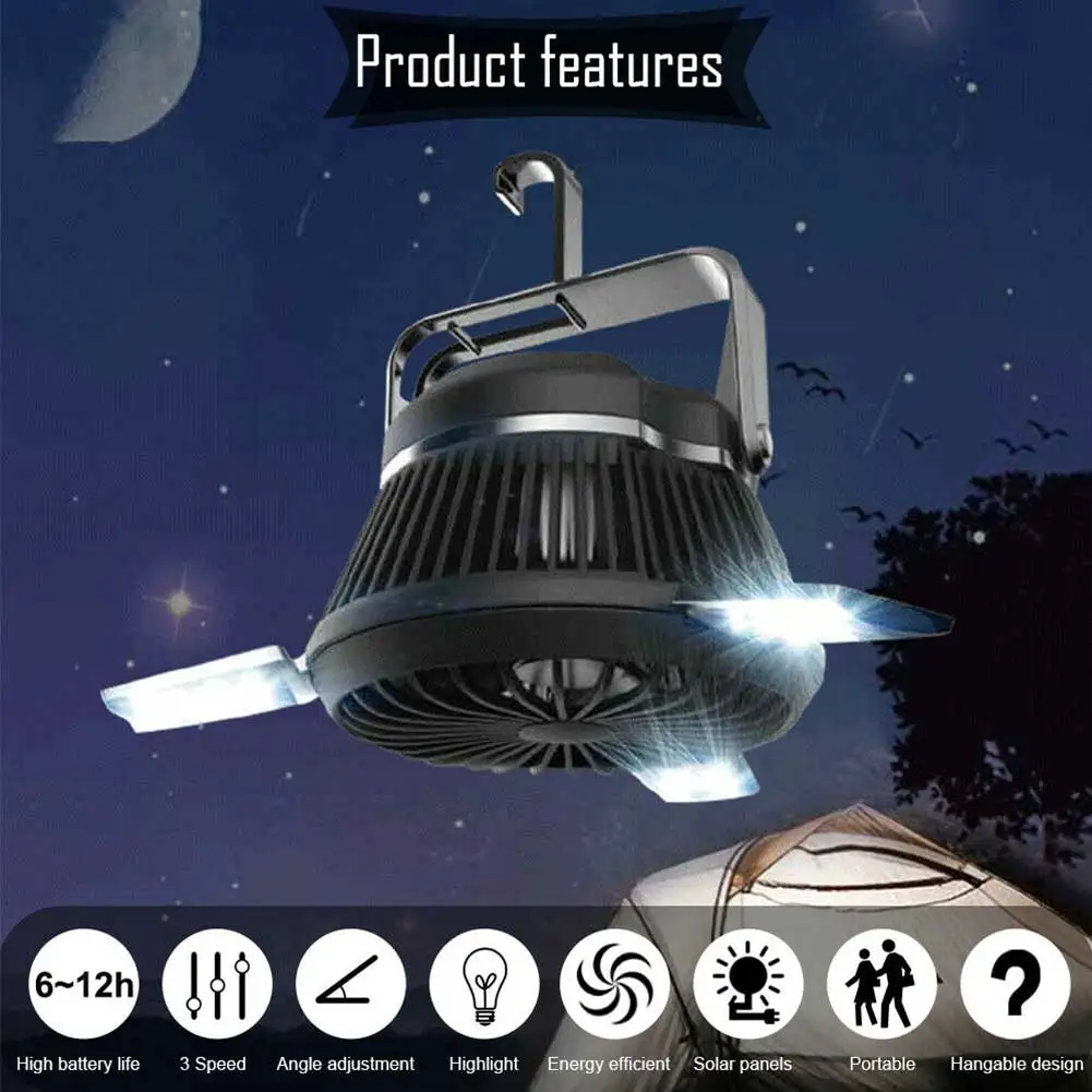 

Camping Hiking Outdoor 2 In 1 USB Rechargeable Fishing LED Tent Fan Portable Emergency Hanging ABS Multifunctional Solar Powered