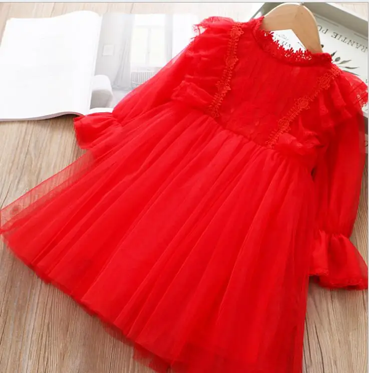 Retail 2020 Spring New Children Baby Lace Ruffles Long Dresses Girls Princess Sweet Pink Red Clothes 3-7T | Детская одежда и обувь