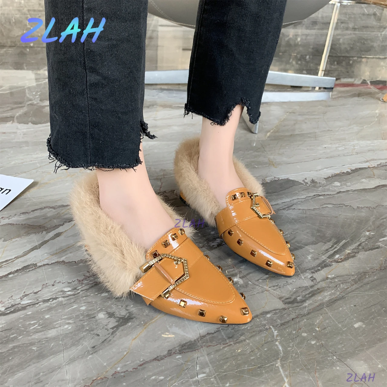 

Women's High-heel Casual Shoes Zlah Fashion Fur Decoration Rivet High-heel Buckle Women's Boots Warm Women's Party Fur Shoes