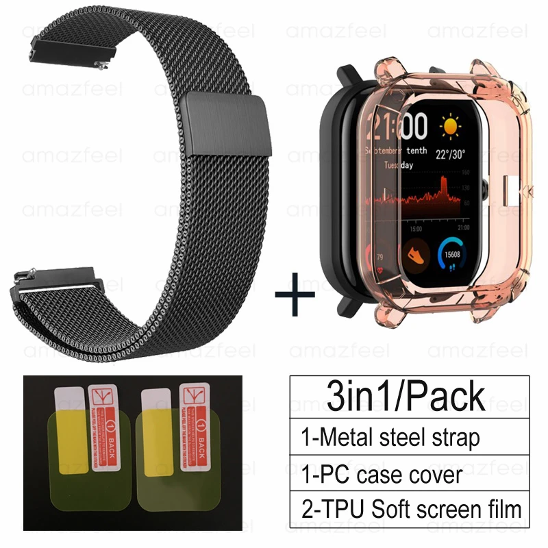 black-pink 3в1 Для Amazfit GTS ремешок+ ТПУ чехол для Huami Amazfit gts Smartwatch Защитная пленка для экрана браслет ремешок на запястье - Цвет: black-pink