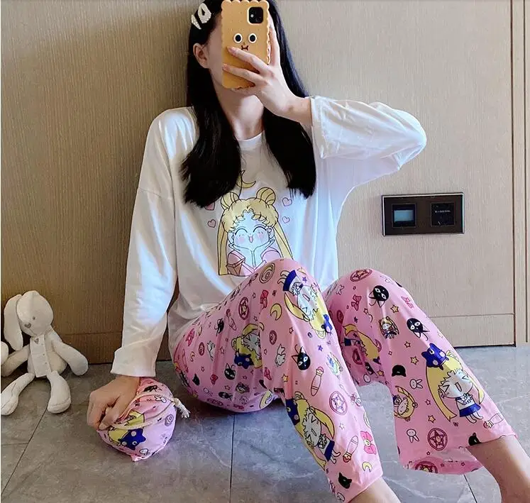 

Women's Pajama Set Spring Autumn Long-sleeved Sleepwear Cute cartoon Sailor Moon Print Pijama Set Female Home Service Set