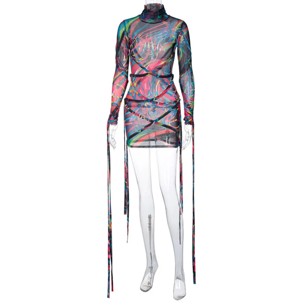 

High Street Ladies Dresses Spring Autumn Fashion Hipster Designer Creative Sexy Net Yarn Lace Printing Turtleneck Long Sleeve