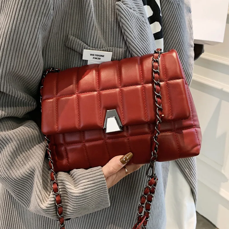 

Chain Red Women's Crossbody Bag Luxury Pu Leather Shoulder Bag Quilted Plaid Handbags Female All Match Design Messenger Bag Sac