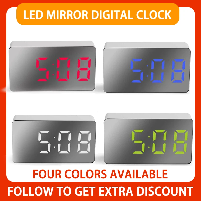 Светодиодные зеркальные цифровые часы будильник настольные бесшумный календарь