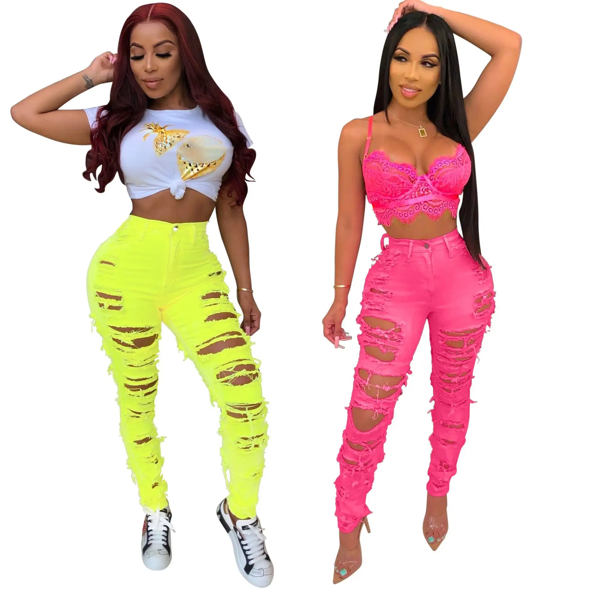 Streetwear Ripped Holes Neon Jeans Pencil Pants Women Mujer 2019 High Waist Distressed Skinny Stretchy Denim | Женская одежда