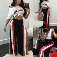 fashion womens multi button tight fitting side slits high waist loose casual wide leg pants trousers club suit streetwear women