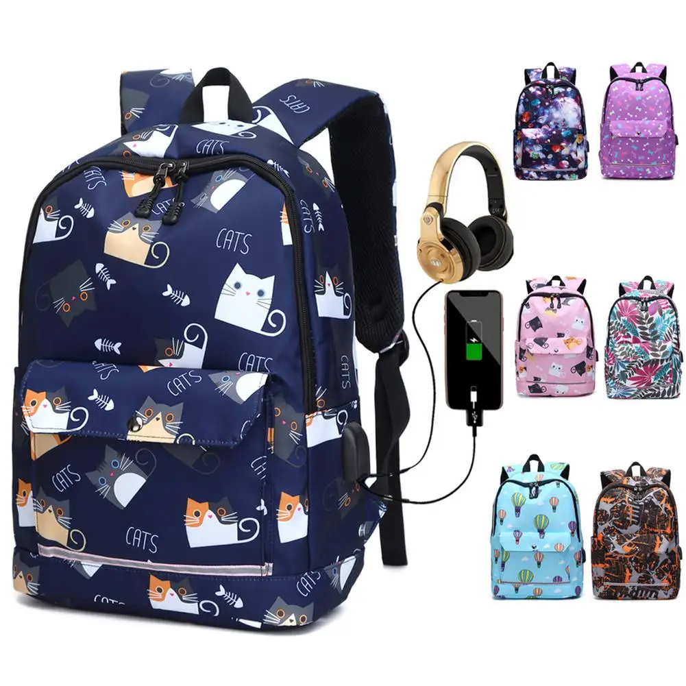 Школьные ранцы для девочек, женский рюкзак для ноутбука с Usb-разъемом, Детские рюкзаки, школьный ранец с милым котом для девочек
