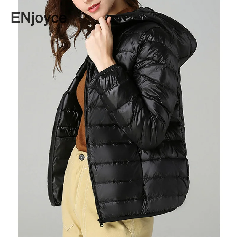 ENjoyce женская зимняя тонкая белая утиная толстовка с капюшоном пуховики легкие