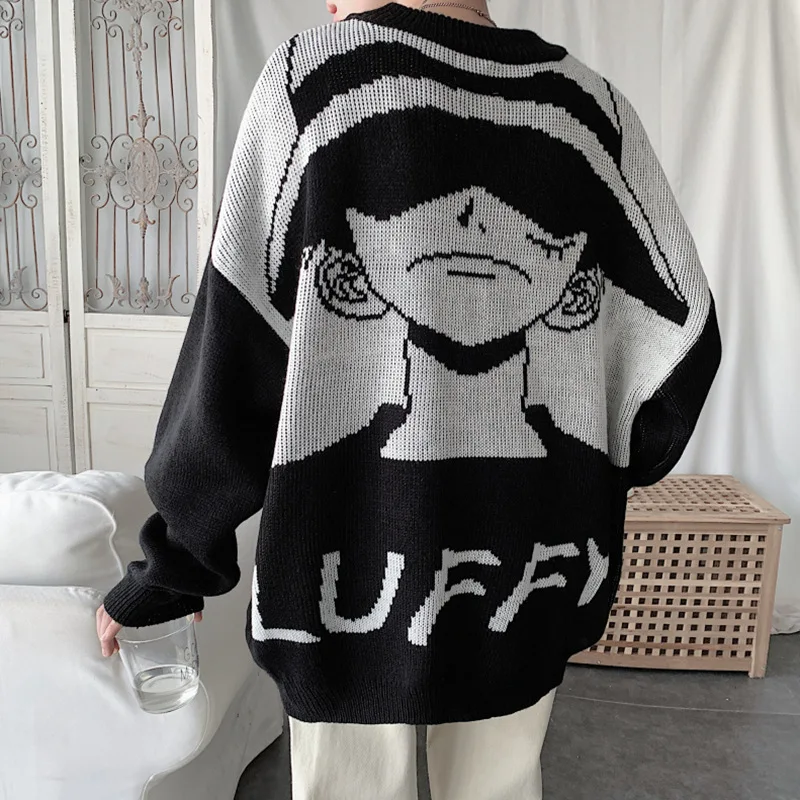 Japan Anime One Piece Sweater Cartoon luffy knitwear Cute Fashion Tops Pullovers Black White one piece luffy skull jolly roger flag black white yellow
