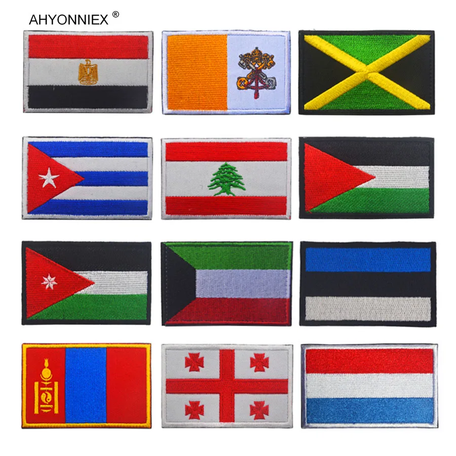 1PC 3D Embroidered Georgia Estonia Kuwait Cuba Jordan Egypt Jamaica Salvador Flag Patch Sew On Clothes Armband Backpack Sticker