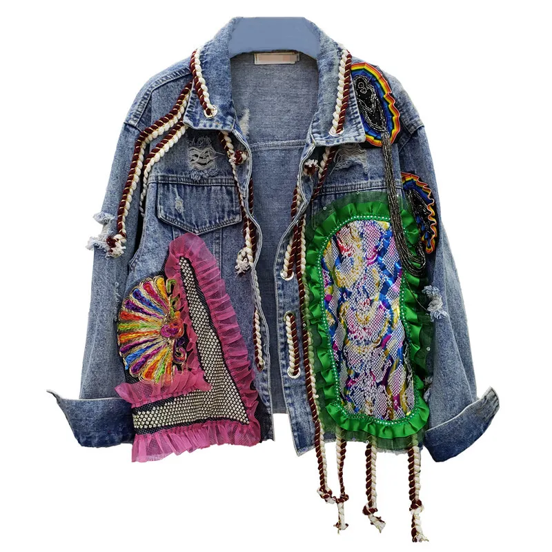 Женская короткая джинсовая куртка свободная в европейском стиле с кружевной