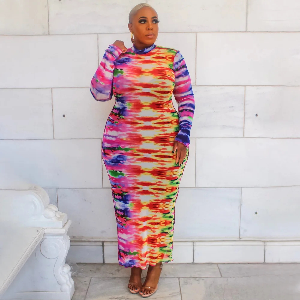 

Sexy Big Beautiful Women Dress Long Sleeve Mesh See Through Robe Female Pullover Vestidos Women Plus Size Dress