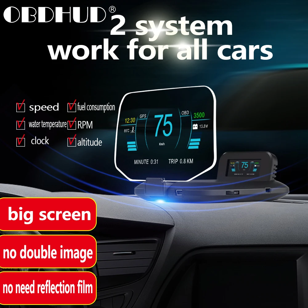 

C1 Mirror Car HUD 2020 New OBD2+GPS Dual Mode OBD2 Head Up Display GPS HUD Digital MPH KMH Speedometer Water & Oil Temp RPM