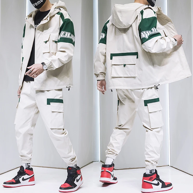 Autumn Men Streetwear Tracksuit Hooded Jacket + Pants Harajuku Joggers Men Cltothing Suit Vintage Running 2 Piece Sportswear Set