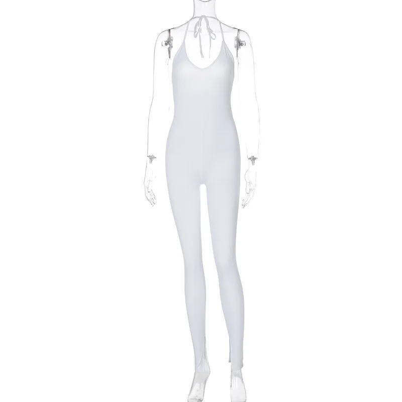 

Ahagaga 2021 Summer Skinny Halter Jumpsuits Women V-neck Bandage Backless Fashion Sleeveless Bodycon Sexy Fitness Women Rompers