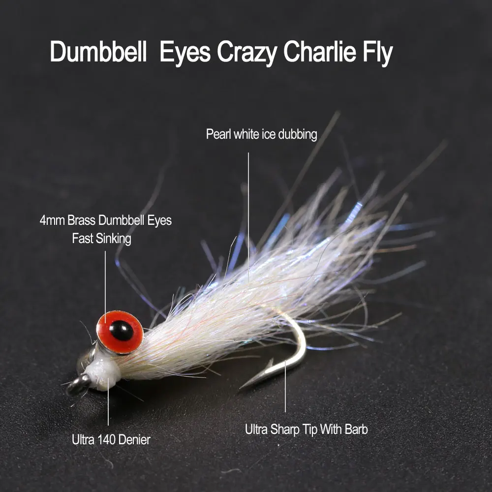 Vampfly 5pcs #6 #8 Dumbbell Eyes White Crazy Charlie Fly Fast Sink For Bone Fish Carpon Sea Trout Bass Fishing Lure Baits | Спорт и