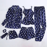 7 pcs set love pattern sweet printing fashion women pajamas ice silk pyjamas set