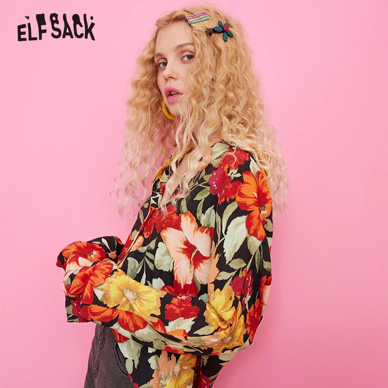 ELFSACK винтажные женские рубашки с цветочным принтом осень 2019 новая уличная одежда