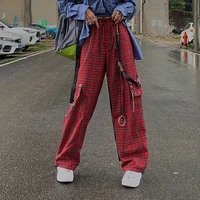houzhou punk cargo plaid pants women gothic harajuku red checkered wide leg trousers for female autumn streetwear hippie fashion