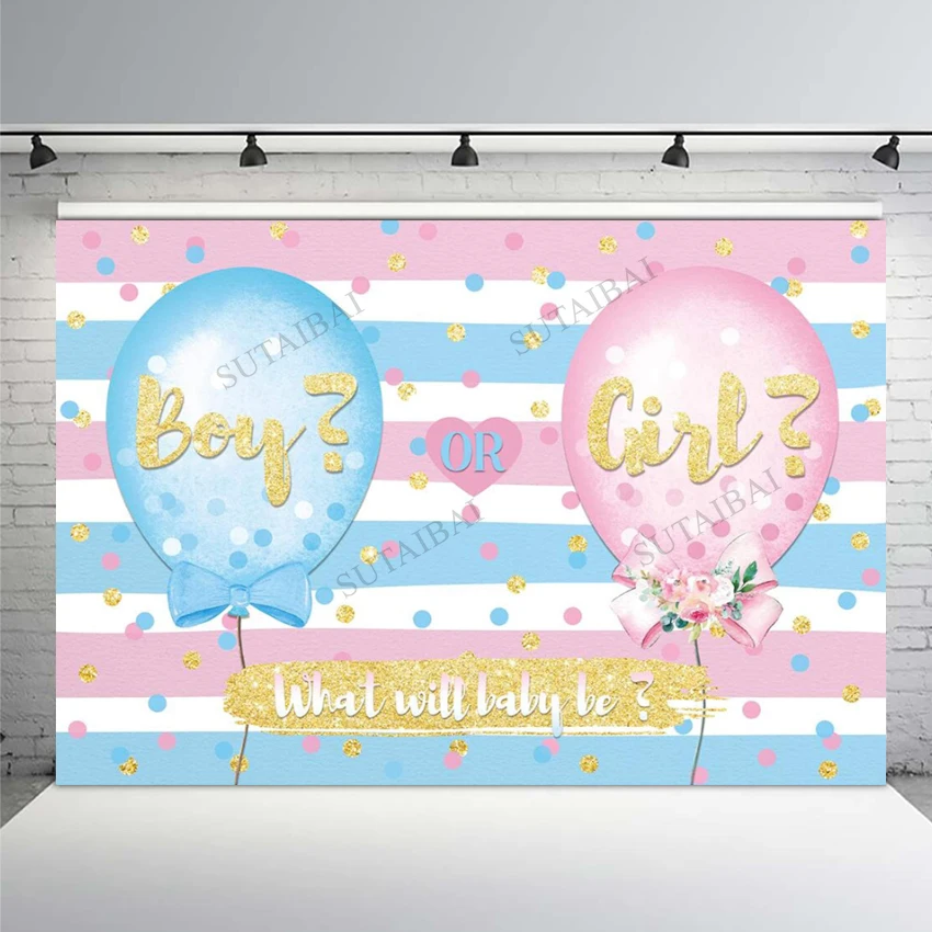 

Blue and Pink Balloon Gender Reveal Backdrop Boy or Girl What Will Baby Be Banner Decoration Photography Background Photo Studio
