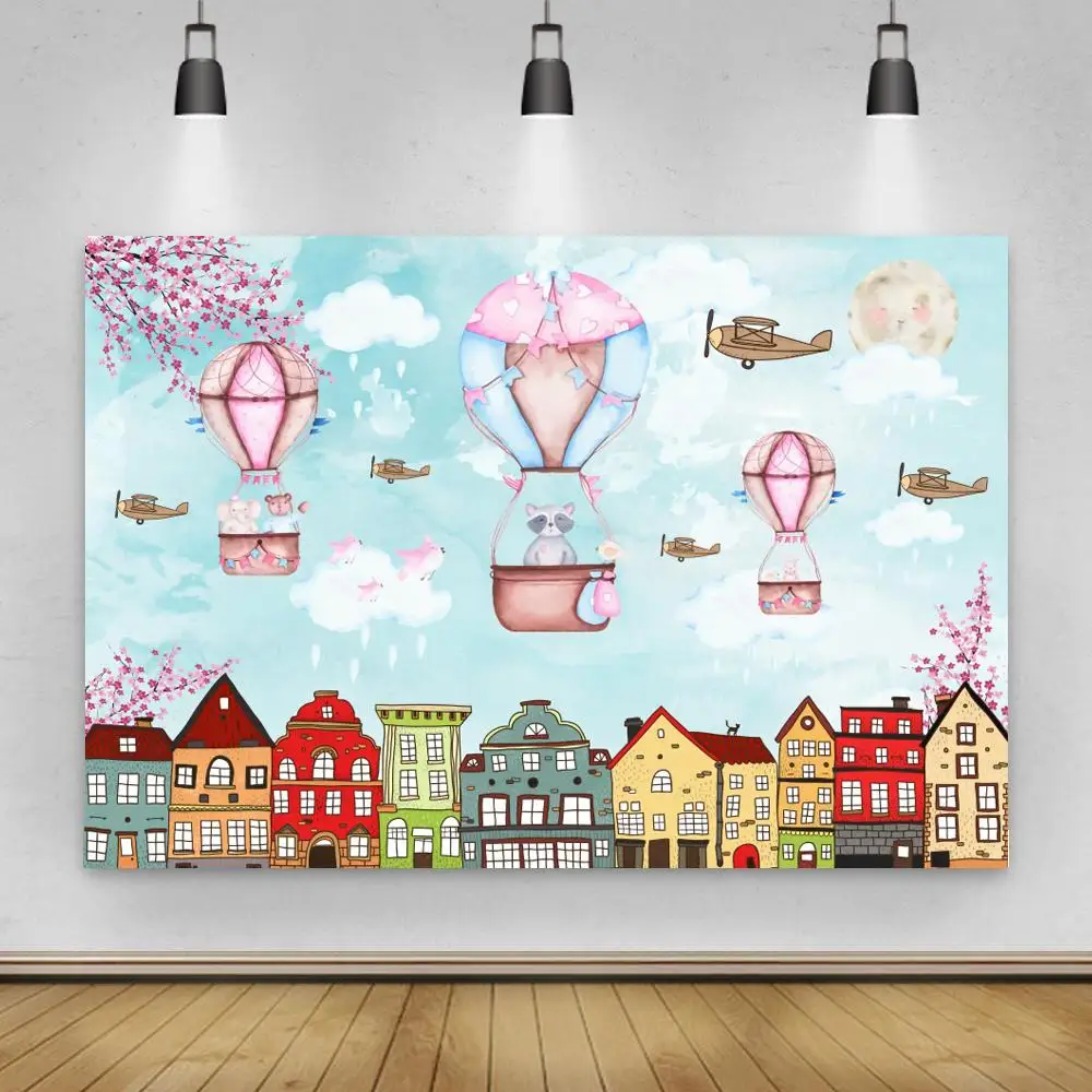 

Hot Air Balloons Elephant Fly Over City Buildings Photo Backgrounds Newborn Baby Shower Girl Birthday Cake Talbe Backdrops Vinyl
