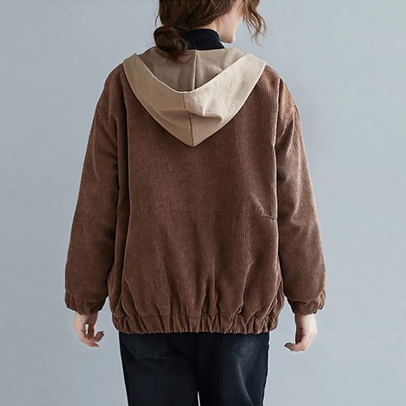 

Women Casual Hooded Jackets New Arrival 2020 Autumn Winter Simple Style Vintage Corduroy Thick Warm Female Outerwear Coats S2794