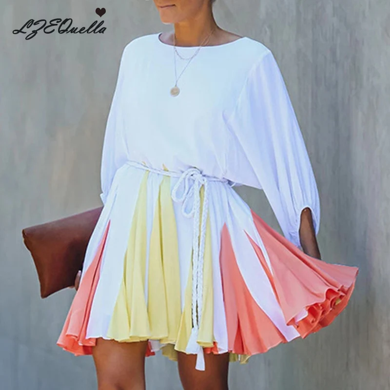 

LZEQuella Women O neck A Line High Waist Print Patchwork Mini Dress Summer Holiday Beach Ruffles Sashes Dresses Vestidos NZ3288