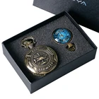 Набор из бронзовых карманных часов с подвеской и аксессуаров, кварцевые классические, с цифровым циферблатом, подарочный набор с ожерельем синего цвета для мужчин и сынов