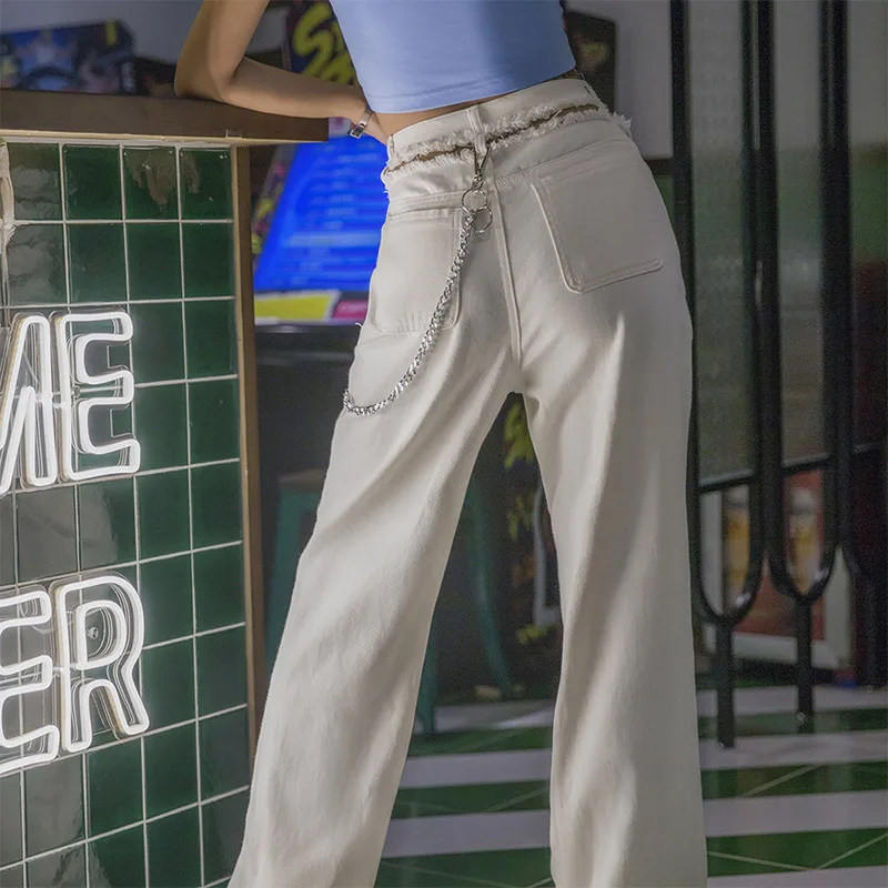 Hollow Out Tassel Denim Straight Women Trousers High Waist Hole Casual Female Jeans Spring Summer Streetwear Fashion Lady Bottom | Женская