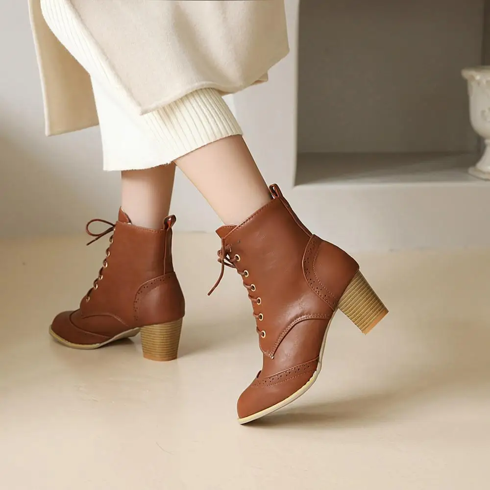 

kickway black lace up ankle boots for women round toe classic british style dress shoes women white booties large sizes 17 34-48